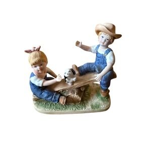 HOMCO Home Interiors Denim Days Playtime Figurine Danny Debbie Puppy 1985